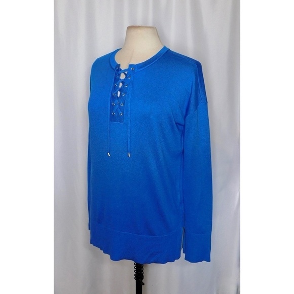 SAKS FIFTH AVENUE Blue Lace Up Silk Cashmere Pullover Sweater Solid Medium - Picture 4 of 10